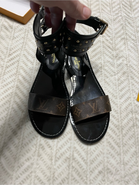 Louis Vuitton Shoes - Louis Vuitton Black Leather Sandals with Monogram Brown Strap 10